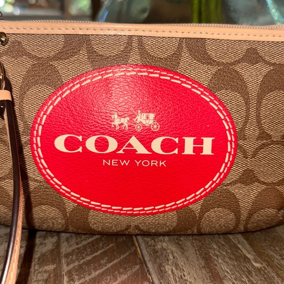 NWOT, Coach signature khaki / red Coach logo wristlet. - Picture 2 of 7